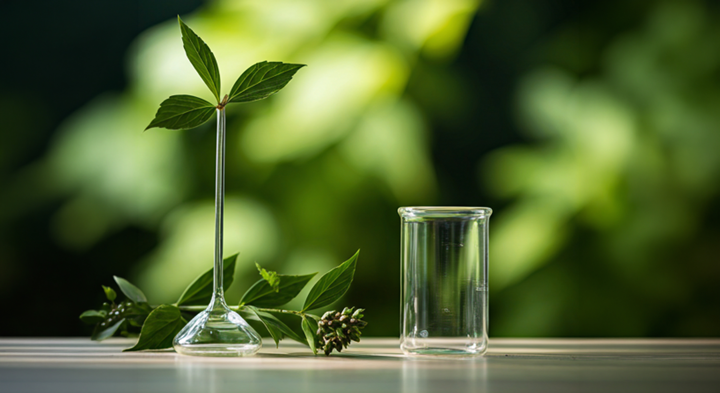 Laboratory glassware with green plant leaves in background symbolizing sustainable chemistry